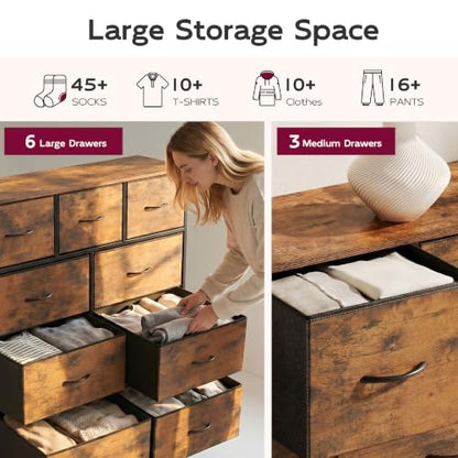 WLIVE 9-Drawer Dresser, Fabric Storage Tower for Bedroom, Hallway, Entryway, Closet, Tall Chest Organizer Unit with Fabric Bins, Steel Frame, Wood Top, Easy Pull Handle, Rustic Brown Wood Grain Print - color: Rustic Brown Wood Grain Print