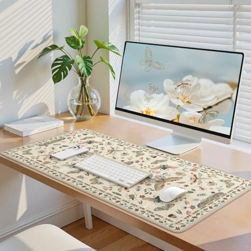 iCasso Beige Large Mouse Pad, Desk Matt for Desktop, XXL Desk Mat for Keyboard and Mouse, Anti-Slip Big Mousepad Computer Mat with Stitched Edges - color: Insect-beige