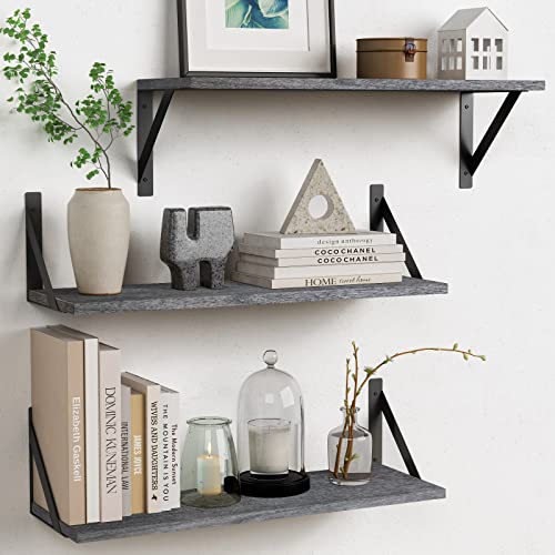Forbena Gray Floating Shelves Wall Mounted Bookshelf Set of 3, 24 Inches Long 8 Inch Deep Wall Shelves for Bedroom, Bathroom, Living Room, Laundry Room, Kitchen, Office, Closet (Rustic Grey) - color: Rustic Grey, size: 24 x 8 Inch