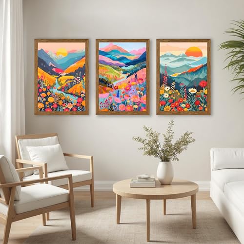 InspiredHues Colorful Mountain Boho Canvas Wall Art Set, 3 Piece Watercolor Flower Picture Wall Decor, Abstract Nature Landscape Artwork Prints for Living Room Bedroom Office 16x24 In Wood Framed - color: Mountain, size: 24"L x 16"W