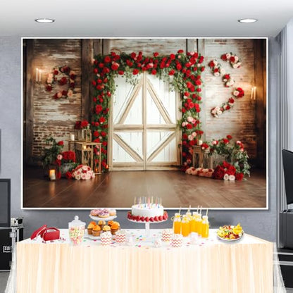 10x6ft Red Rose Brick Wall Wood Door Backdrop for Wedding Bridal Shower Party Decorations Mother’s Day Valentine's Day Engagement Backdrops Portrait Photo Booth Props - size: 10x6