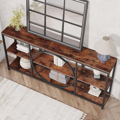 Tribesigns Extra Long Console Table, 70.9 inch Narrow Sofa Tables with 3 Tier Wood Storage Shelves Industrial Metal Frame for Entryway Hallway Living Room Behind Couch, Rustic Brown Black - color: Black Brown