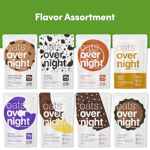 Oats Overnight Dessert Variety Pack - High Protein, High Fiber Breakfast Protein Shake - Gluten Free Oatmeal, Non GMO High Protein Oatmeal - Salted Toffee, Chocolate Satin Pie & More Flavors (24 Pack) - size: 2.6 Ounce (Pack of 24)
