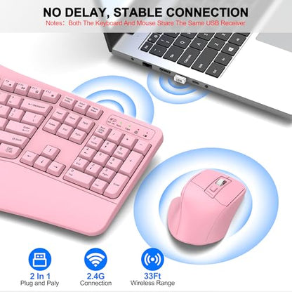 Wireless Keyboard and Mouse Combo, 2.4G Full Size Wave Keys Ergonomic Keyboard with Wrist Rest and 3-Level DPI Adjustable Wireless Ergonomic Mouse for Windows, Mac OS Desktop/Laptop/PC(Pink) - color: Pink