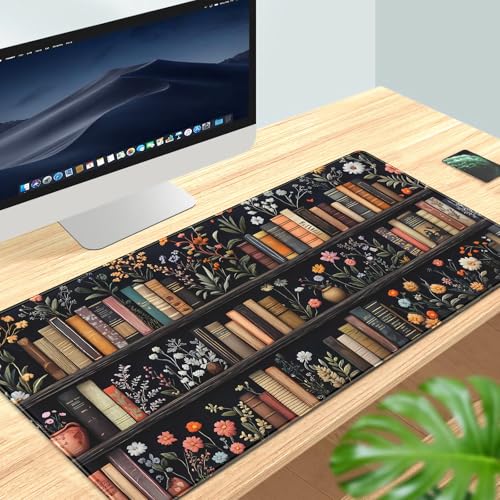 Bookish Desk Mat Floral Bookshelf Desk Pad Faux Embroidery Large Mouse Pad XXL Book Lovers Gift Extended Gaming Mousepad Flower Aesthetic Keyboard Pad Mouse Mat 31.5x15.7 in Office Decor for Women - color: Floral Bookshelf