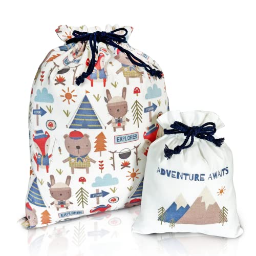 Gather & Knot Drawstring Gift Bags | 20" Large 12" Small | Premium Canvas | Reusable Fabric Wrap for Baby Shower or Boys Birthday | Adventure - color: Adventure