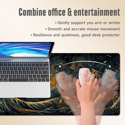 Extended Gaming Mouse Pad, Large Mouse Mat 3 mm Nature Rubber Base Mousepad with Stitched Edges, Non-Slip Desk Mat for Office Home Great Gift 31.5x11.8 Inch (Great Wave 2) - color: Great Wave 2