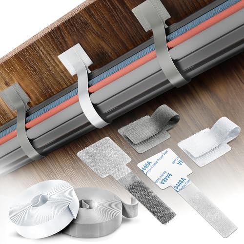Cable Management Kit – 40 Self-Adhesive Hook & Loop Cable Ties with 2 Extension Straps, Strong Adhesive Cord Organizer for Desk, Wall, Home & Office, Adjustable Wire Holders, Grey & White - color: White, Gray