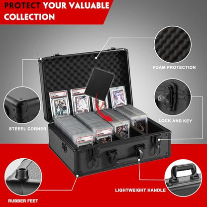 Graded Card Storage Box, 4 Row Black Hard Slab Case Trading Card Holder | Super load-bearing aluminum case,Fits 160 PSA/BGS/SGC graded cards Features lock, 6 foam dividers & shoulder strap