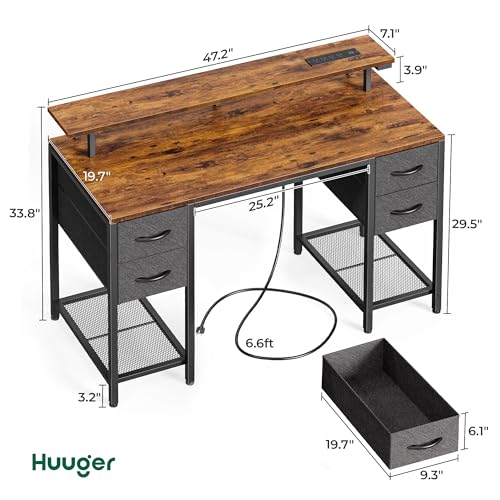 Huuger 47 inch Computer Desk with 4 Drawers, Gaming Desk with LED Lights & Power Outlets, Home Office Desk with Large Storage Space for Bedroom, Work from Home, Rustic Brown and Black - color: Rustic Brown With Black Drawers, size: 47 Inch