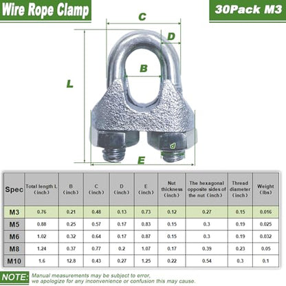 30 PCS 1/8 Inch Wire Rope Clamps, M3 Heavy Duty Galvanized Wire Cable Clamps for Tent Ropes, Boat, Clotheslines, U-Bolt Saddle Fasteners for Secure Connections - size: M3-30PCS