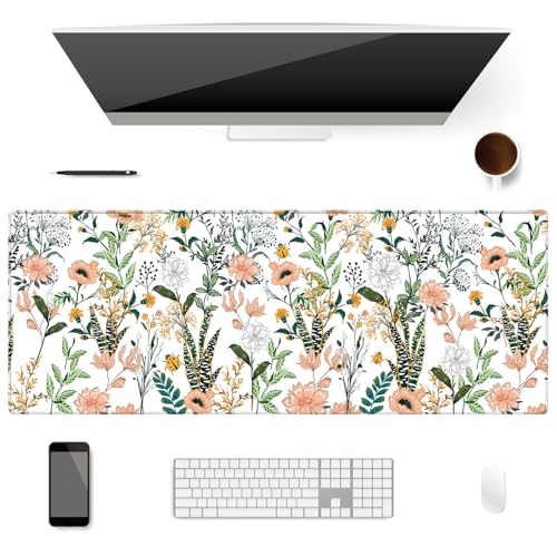 XXL Waterproof Office Desk Pad Protector 31.5x11.8 Inch - Extended Gaming Mouse Pad with Non-Slip Rubber Base, Thickened Keyboard Mat, Stitched Edges & Beautiful Floral Flowers Design - color: White