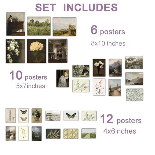 liflikwall 28 PCS Country Botanical Floral Gallery Wall Art， Vintage Posters For Room Aesthetic,Sage Green Wall Art Decor， Moody Art Vintage Painting Antique Pictures Set For Home Bedroom (unframed) - color: 2in1 unframed 7-8
