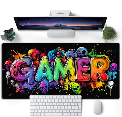 Gamer Blacklight Mouse Pad – UV Reactive Neon Gaming Desk Mat with Skull Design, Waterproof Extended Large Mousepad with Non-Slip Rubber Base for Computer Keyboard – 31.5" x 11.8" - color: Gamer B