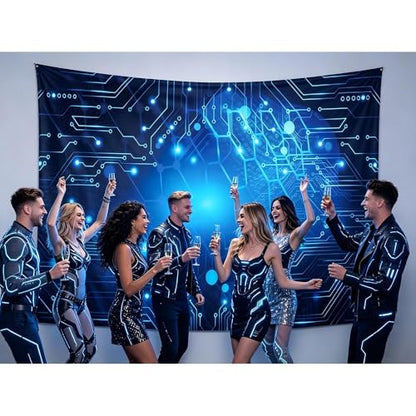 8x6FT Blue Glow Circuit Board Photo Backdrop Tech Theme Sequin Glitter Photography Background Digital Innovation Electronics Event Party Banner Decoration Supplies Polyester - size: 8x6FT
