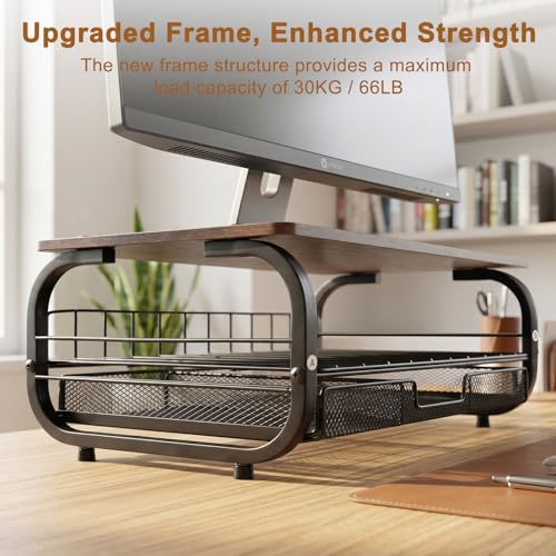 Desk Organizers and Accessories Monitor Riser, Monitor Stand with Drawer (2-Tier Drawers) with Large Side Storage Rack & Cable Management,66LBS/30KG, Office Organization, Walnut Brown - color: Walnut Brown