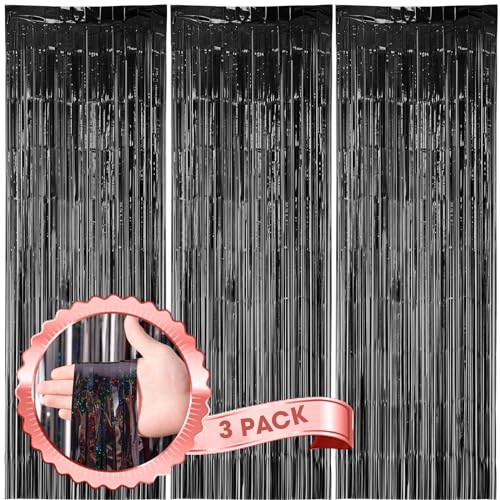 Voircoloria 3 Pack 3.3 x 8.2 ft Laser Black Foil Fringe Backdrop Curtains, Tinsel Streamers Birthday Party Decorations, Fringe Backdrop for Graduation, Baby Shower, Gender Reveal, Disco Party - color: 10 Laser Black
