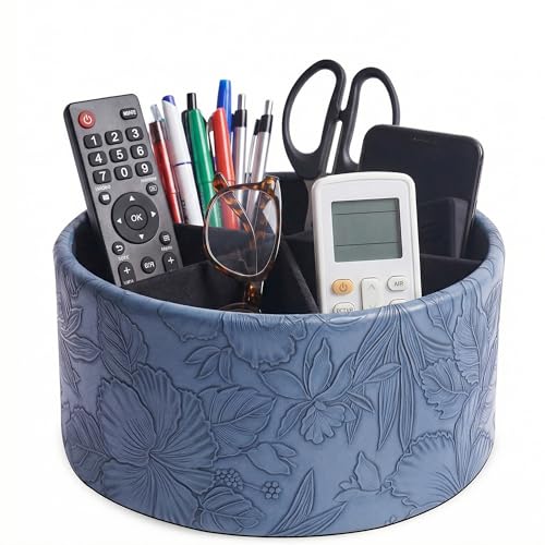 Remote Control Holder, 360°Spinning PU Leather Desk TV Remote Caddy,Desk Storage Box Room Accessories for Controller, Media,Mail,Calculator, Mobile Phone,Pencil(1-Carved Blue2) - color: 1-Big Carved Blue2