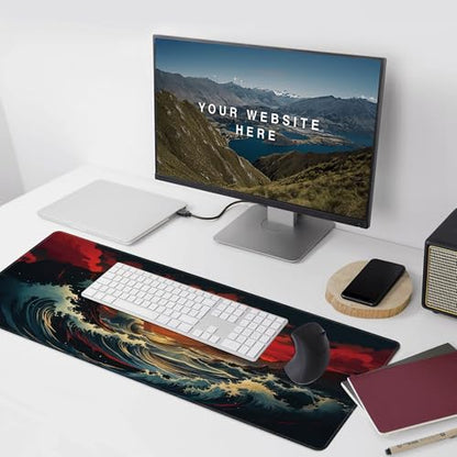 Japanese Sea Wave Large Mouse Pad,Gaming Keyboard Desk Pad,Extended Mouse Mat Non-Slip Rubber Base with Stitched Edges for Office Game Home XXL 35.4"x15.7" - color: Japanese Wave, size: 35.4L x 15.7W inches