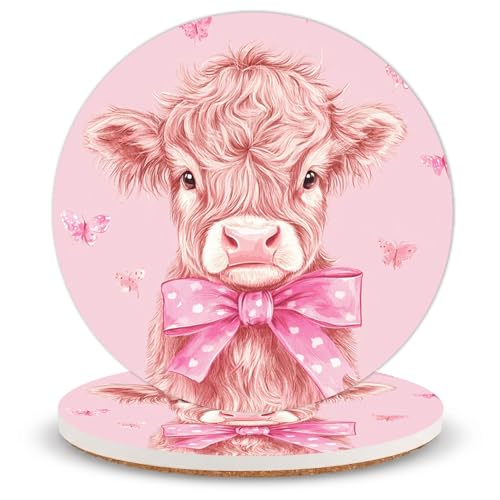 Bow Cow Ceramic Coasters of 2 with Cork Backing Absorbent Cup Coaster | Non-Slip Coasters for Drinks and Coffee Table Office Desk Home Decor, Gifts for Highland Cow Lovers, Mom, Farmhouse Fans - color: Bow Highland Cow