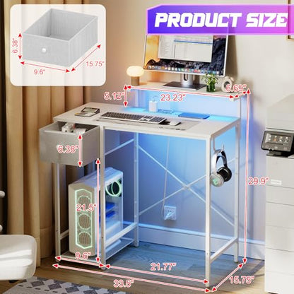 X-cosrack 33.5" Small Computer Desk with Monitor Stand & Outlets, Small Gaming Desk with LED Light & CPU Stand, Teen Study Writing Table with Storage Drawer, Side Hooks for Bedroom, Home Office White - size: 33.5" White with Normal Monitor Stand
