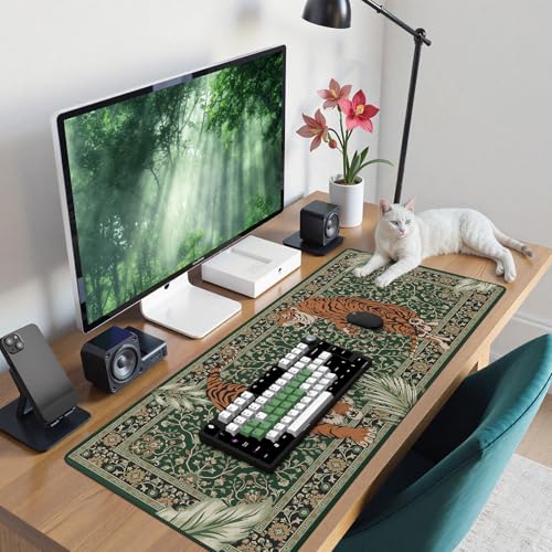 Desk Pad Mat, Stitched Edges Cute Desk Mat, Non-Slip Tiger Desk Mat Gaming, Smooth Green Mouse Pad, Soft Desk Cushion for Office Home 35.4 x 15.7 Inches (Green) - color: Multi/Green