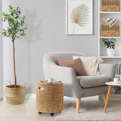 Casafield Round Rolling Storage Basket with Lid - Natural, Handwoven Water Hyacinth Rolling Hamper Storage Bin on Wheels for Living Room, Bedroom, Bathroom, Laundry