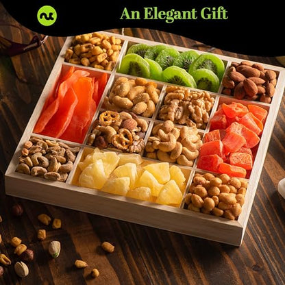 NUT CRAVINGS - Dried Fruit & Mixed Nuts Gift Basket in Reusable Wooden Tray + Ribbon (12 Assortments) Food Arrangement, Healthy Snack Care Package, Kosher - style: 6. Red Ribbon Dried Fruits & Nuts Wooden Tray