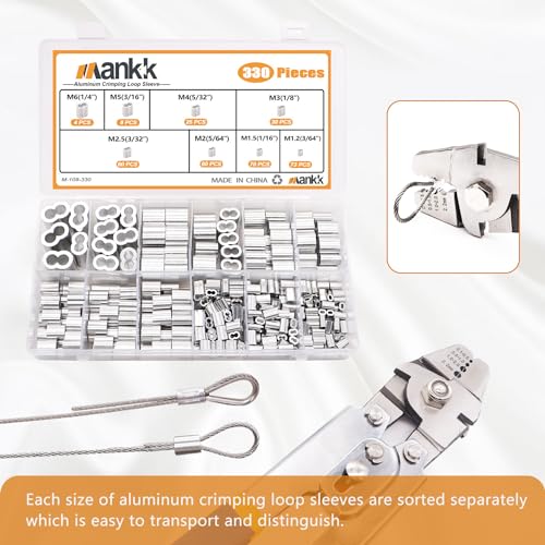 mankk 330Pcs Aluminum Crimping Loop Sleeve 8 Sizes (3/64'' 1/16'' 5/64'' 3/32'' 1/8'' 5/32'' 3/16'' 1/4'') Wire Rope Sleeves Double Cable Ferrules Kit M-109-330PCS - size: 330PCS