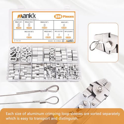 mankk 330Pcs Aluminum Crimping Loop Sleeve 8 Sizes (3/64'' 1/16'' 5/64'' 3/32'' 1/8'' 5/32'' 3/16'' 1/4'') Wire Rope Sleeves Double Cable Ferrules Kit M-109-330PCS - size: 330PCS