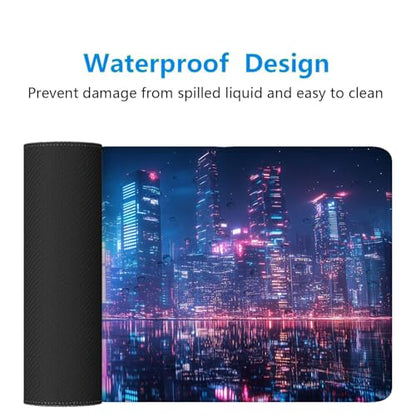 Neon City Desk Pad Mouse Pad 31.5 x 11.8 Inch Modernist Night Fantasy Large Gaming Mouse Mat with Stitched Edges,Non-Slip Waterproof Rubber Base Mous Mat Office Computer Keyboard Laptop Home - color: Neon City, size: 11.8W x 31.5L inches