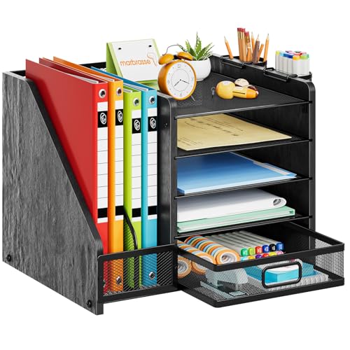 Marbrasse Desk Organizer with File Holder, 5-Tier Paper Letter Tray Organizer with Drawer and 2 Pen Holder, Mesh Desktop Organizer and Storage with Magazine Holder for Office Supplies (Wood-Black) - color: Wood-Black