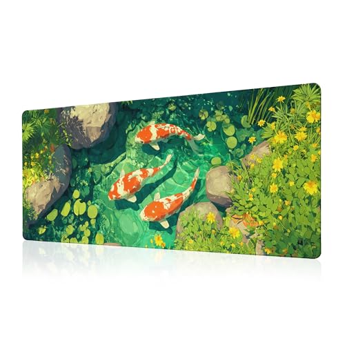 Fish Art Mouse Pad Green Desk Mat XL Mouse Gaming Pads, Fish Keyboard Pads Extra Large Desktop Computer Mats with Non-Slip Base & Stitched Edges, Vintage Office Decor 31.5x11.8 - color: Fish Art