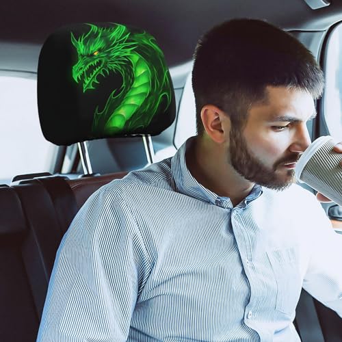 Dujiea 2 Pack Dragon Green Fire Car Headrest Covers, Universal Soft Car Seat Head Rest Protector, Vehicle Accessories Fabric Headrest Cover for Cars Vans Trucks - color: Dragon Green Fire