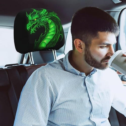 Dujiea 2 Pack Dragon Green Fire Car Headrest Covers, Universal Soft Car Seat Head Rest Protector, Vehicle Accessories Fabric Headrest Cover for Cars Vans Trucks - color: Dragon Green Fire