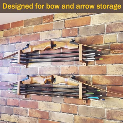 Archery Wall-Mounted Bow Rack and Arrow Holder ， Bow Wall Mount Storage for Recurve Bow Traditional Longbow - Arrows Display Hanger Brackets for Wall in Home（Oak Material）