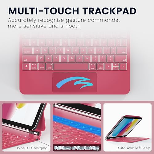 RAYMCRAFT for iPad 11th(A16, 2025)/10th Generation Case with Keyboard, Magic Keyboard 2022, Springy Backlit Keys, Stain-Resistant Surface, Multi-Touch Trackpad, Hot Pink - color: Hot Pink