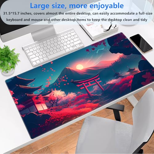 Japanese Torii Desk Mat, Mt Fuji Large Gaming Mouse Pad 31.5x15.7 in | Aesthetic Japanese sunset desk pad with comfortable 3mm cushion, smooth cloth top, and non-slip rubber core. - color: Anime Art Scenery2