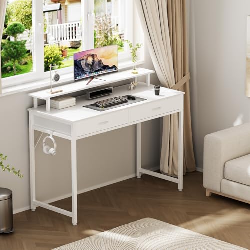 DUMOS 40 Inch Computer Desk with Monitor Stand and 2 Drawers, Small Writing Desk for Home Office with Headphone Hook, Compact Study Table for Bedroom, White - color: White, size: 40-In