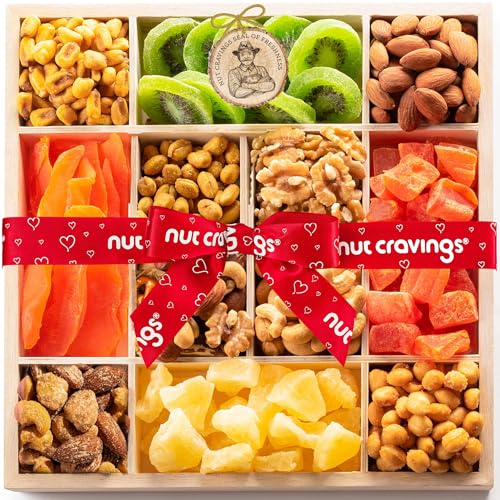 NUT CRAVINGS - Dried Fruit & Mixed Nuts Gift Basket in Reusable Wooden Tray + Ribbon (12 Assortments) Food Arrangement, Healthy Snack Care Package, Kosher - style: 6. Red Ribbon Dried Fruits & Nuts Wooden Tray