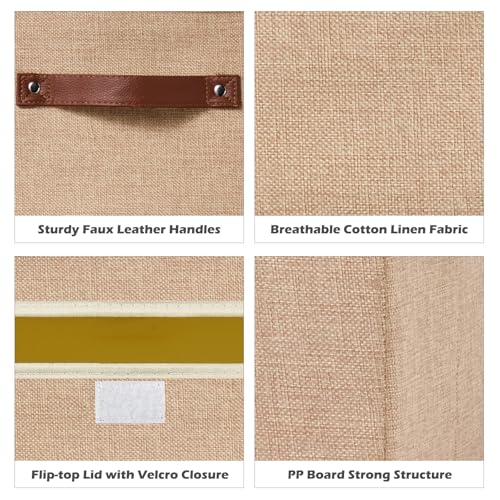 Storage Boxes with Lid Cotton Linen Fabric Storage Bins Organizer Container Decorative Collapsible Washable Shelf Baskets Faux Leather Handles for Home Bedroom Closet (Linen, Small) - color: Linen, size: Small (Set of 1)