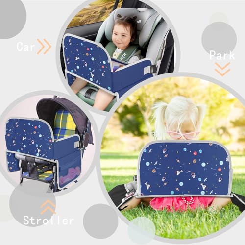 MENZOKE Car Seat Tray for Kids with Educational Drawing Board, Tablet Holder & Cooler Cup Holder, Essential for Car Travel & Airplane Trips, Space Pattern Design, Dark Blue - color: Navy Space