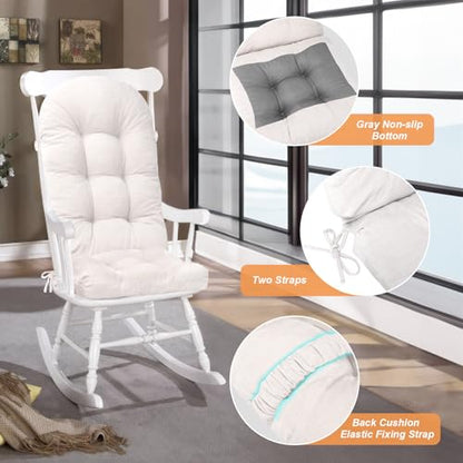 Rocking Chair Cushion - Chenille Fabric, High-Density Sponge, Durable Comfort Non-Slip Bottom Tufted Seat Pads with Ties, Chenille︱White, 44x19x4 inch - color: Chenille | White