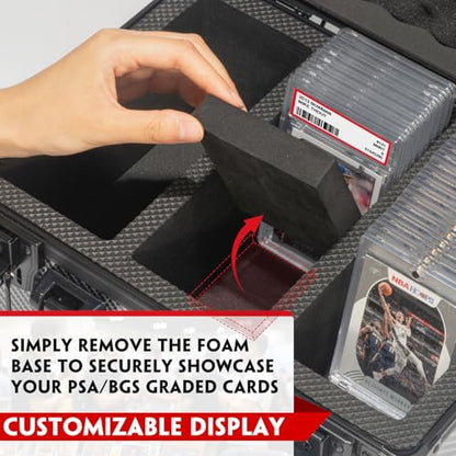 Graded Card Storage Box, 4 Row Black Hard Slab Case Trading Card Holder | Super load-bearing aluminum case,Fits 160 PSA/BGS/SGC graded cards Features lock, 6 foam dividers & shoulder strap