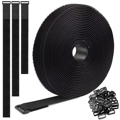 40Ft x 1" Adjustable Cable Straps with 60 Buckles, Hook and Loop Straps, Reusable Nylon Cable Ties for Cord Organiser, Organizer, Cable Tidy, Free Cut Length, Black - size: 40Ft x 1inch