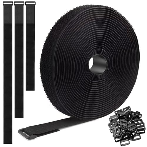 40Ft x 1" Adjustable Cable Straps with 60 Buckles, Hook and Loop Straps, Reusable Nylon Cable Ties for Cord Organiser, Organizer, Cable Tidy, Free Cut Length, Black - size: 40Ft x 1inch
