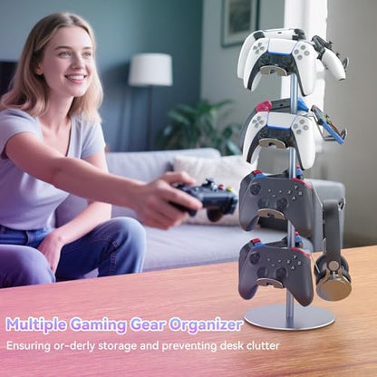 4-Tier 360°Rotating Controller Stand for PS5/Xbox/Switch/PS4 | Aluminum Game Controller Heaset Holder for Desk, 12 Hangers to Place, Spinning Controller Organizer Rack, Grey - color: Grey
