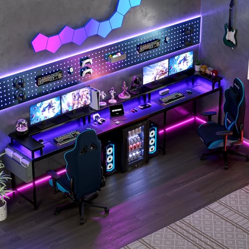U Shaped Desk with Power Outlet & LED Lights, 79" Reversible Computer Desk with Monitor Stand, Wood Home Office Desks Gaming Desk with Shelving, Side Storage Pockets, Black - color: Black