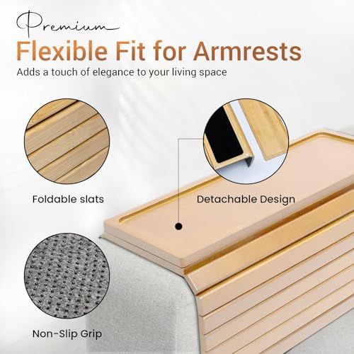 Couch Arm Tray - Bamboo Couch Table Armrest with Side Storage Pockets - Anti-Slip Multifunctional Sofa Snack Organizer for Drinks, Phone, Remote, and More (Natural)