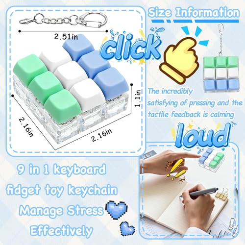 Keyboard Fidget Toy, Keyboard Keychain Fidget Toys, 9-in-1 Clicker Fidget Toy, Stress Relief Desk Decompression Button, Anxiety Relief Valentine's Day Gifts (3 Color-Blue White Green) - color: 3 Color-blue White Green